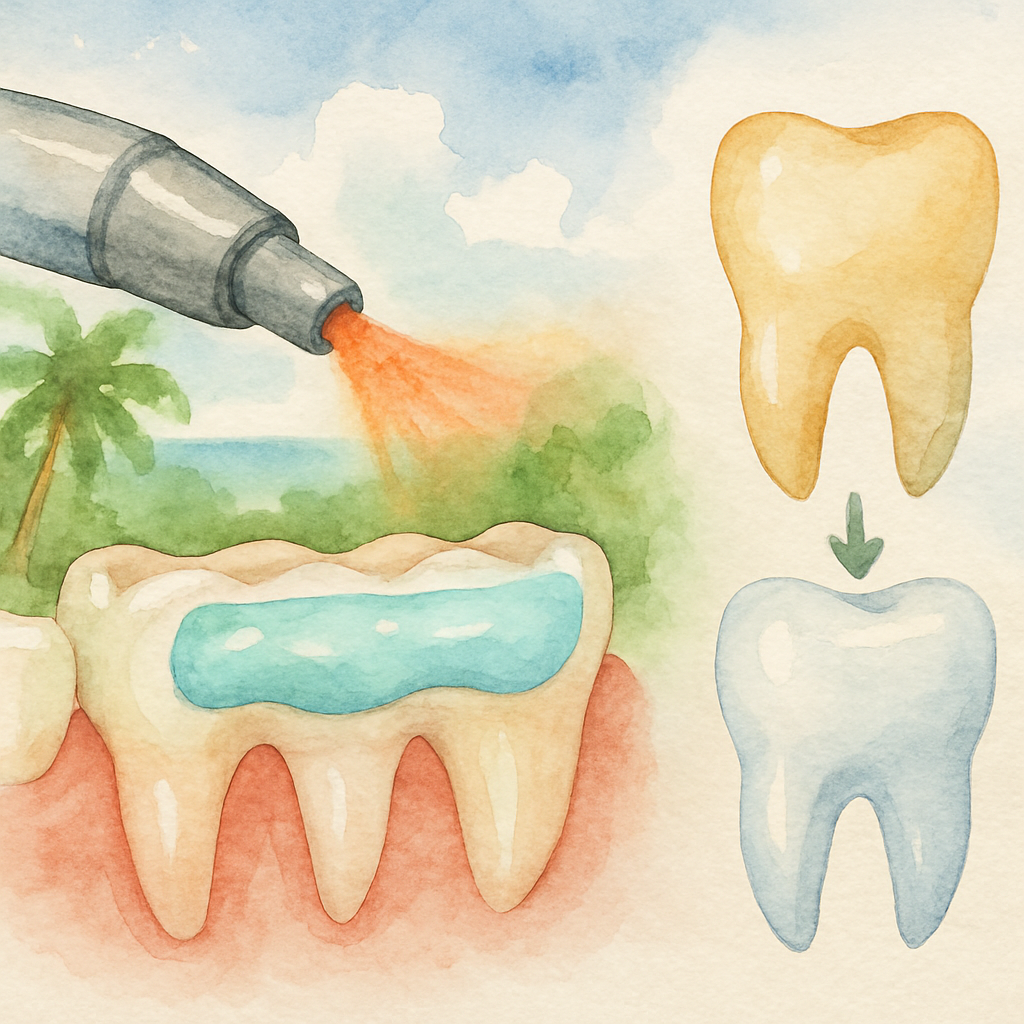 Diagram illustration showing the laser teeth whitening process: a dental laser device pointing at teeth, whitening gel applied on tooth surface, before and after comparison of tooth color on white background, educational infographic style