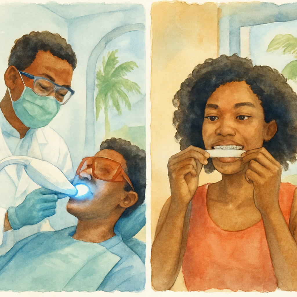 Side-by-side comparison image in a bright dental clinic: on the left a dentist performing laser whitening with a light device, on the right a person at home applying whitening strips, clean split-screen visual style