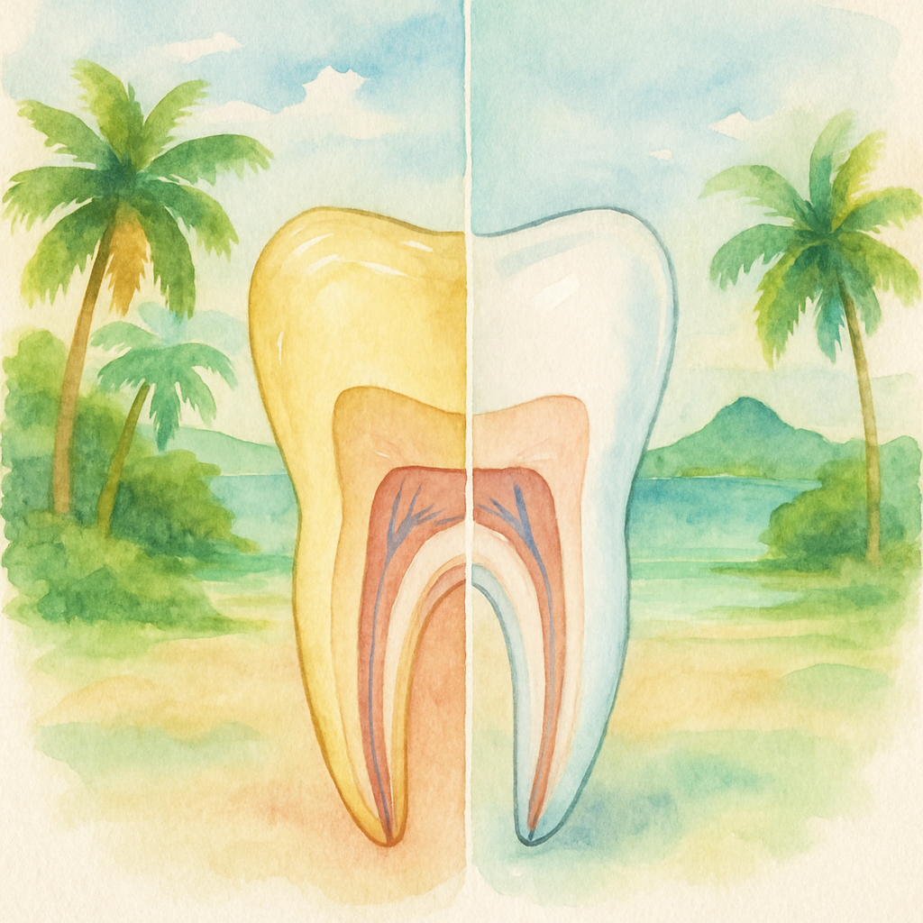 Diagram illustration showing the layers of a tooth before and after whitening treatment, with yellow enamel transitioning to bright white, clinical infographic style on white background