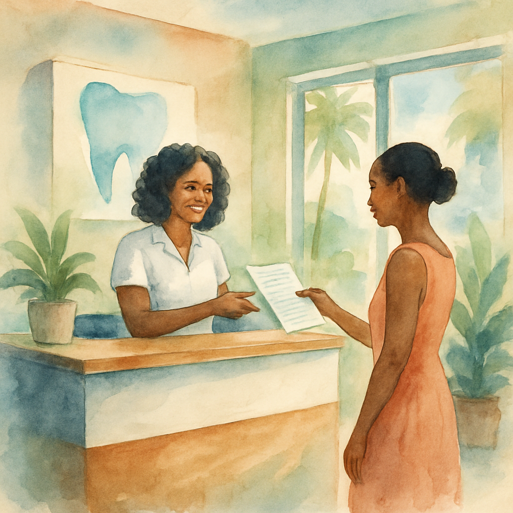 Modern dental reception desk in an Angolan private clinic, receptionist handing a price list brochure to a patient, bright and welcoming interior with plants and natural light