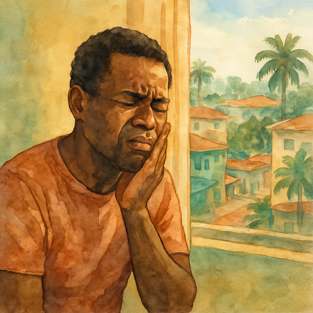 A person in Luanda holding their jaw in pain on a Sunday, sitting at home looking distressed, warm indoor light, African urban setting visible through the window in the background, realistic documentary style