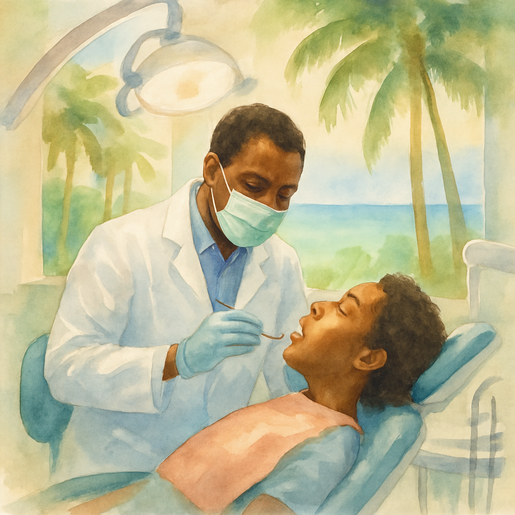 A professional Angolan dentist in white coat performing a dental procedure on a patient in a modern dental chair in Luanda, bright clinical lighting, dental equipment visible, calm and reassuring atmosphere