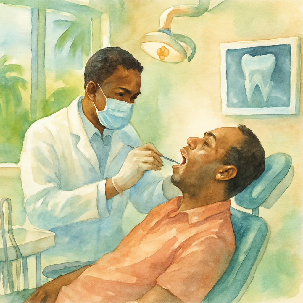 Dentist in white coat performing dental examination on adult male patient in Benguela Angola, bright dental office with modern equipment, X-ray viewer on wall, professional setting