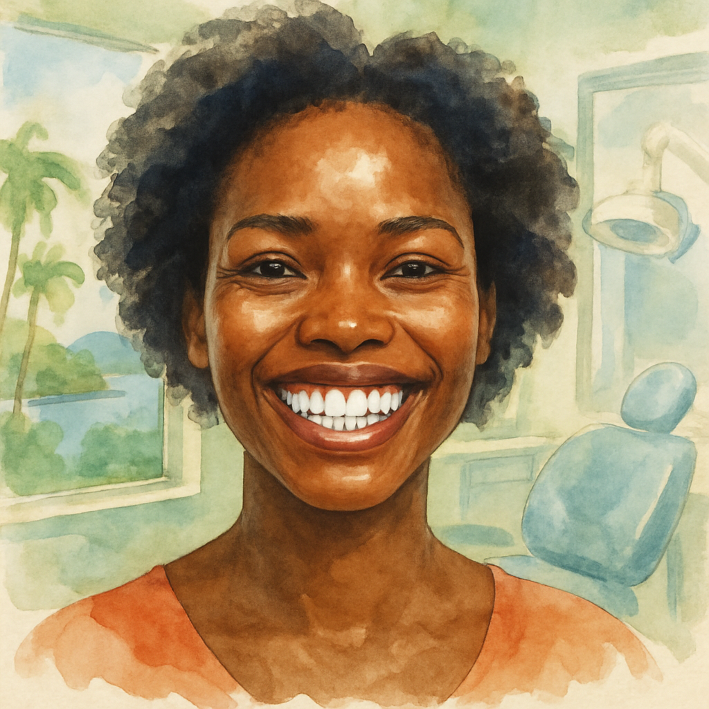 Close-up of smiling Angolan woman with bright white teeth after dental whitening treatment, dental clinic background with soft lighting, professional result clearly visible