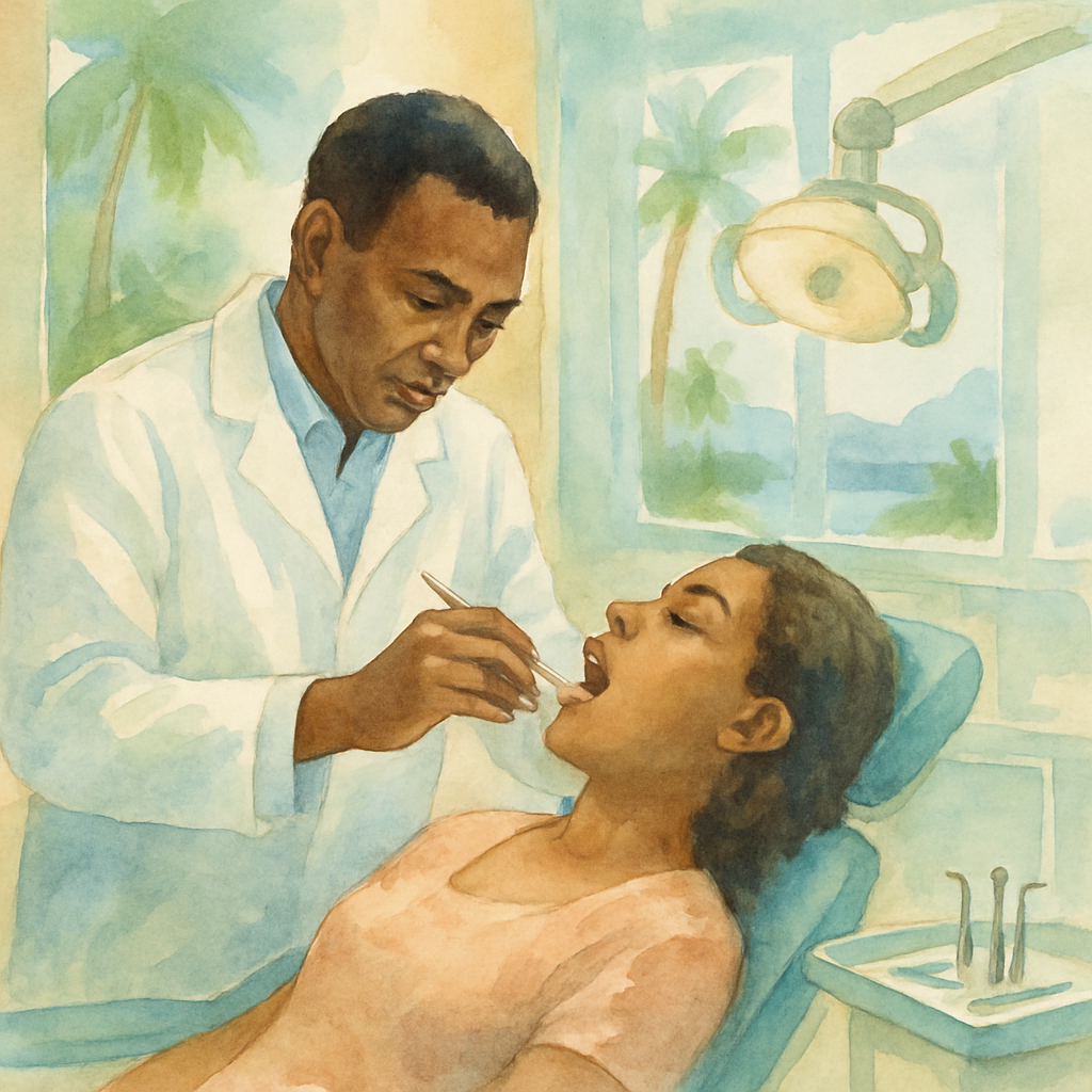 Angolan dentist in white coat examining a patient's teeth in a well-lit dental chair, dental tools visible on tray, modern dental office setting in Angola, professional and calm environment