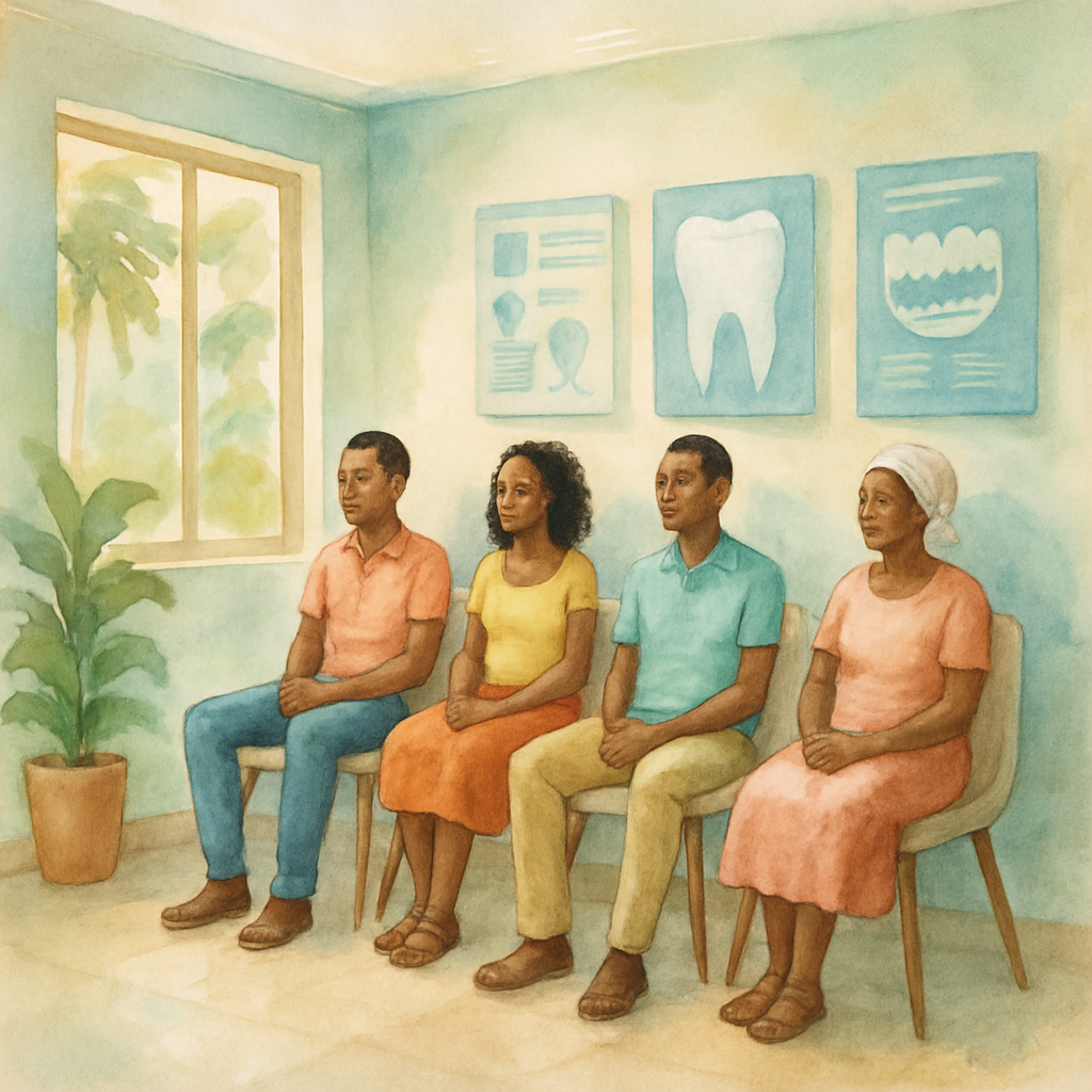 Clean and well-organized dental waiting room in Angola with African patients sitting, modern chairs, informational posters about dental health on walls, bright lighting and welcoming atmosphere