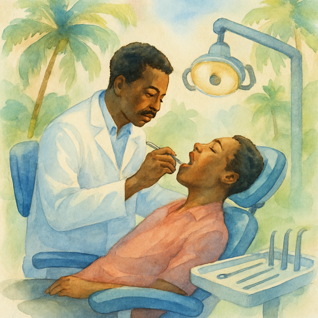 Angolan dentist in white coat examining a patient in a modern dental chair with overhead light and dental tools visible on a tray beside them, professional clinical setting in Luanda