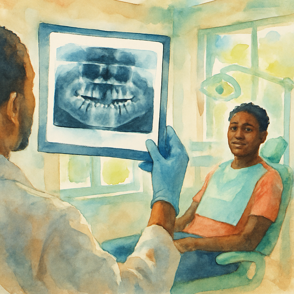 Close-up of dental X-ray being reviewed by a dentist on a lightbox screen, patient seated in background in dental chair, modern clinic environment, warm professional lighting, African clinical setting