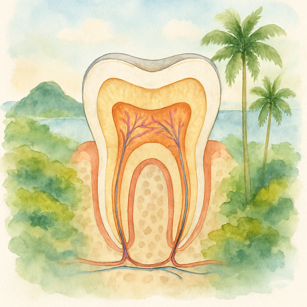 Detailed illustration of a cross-section of a human tooth showing layers including enamel, dentin, and pulp with highlighted nerve endings, clean medical infographic style on white background