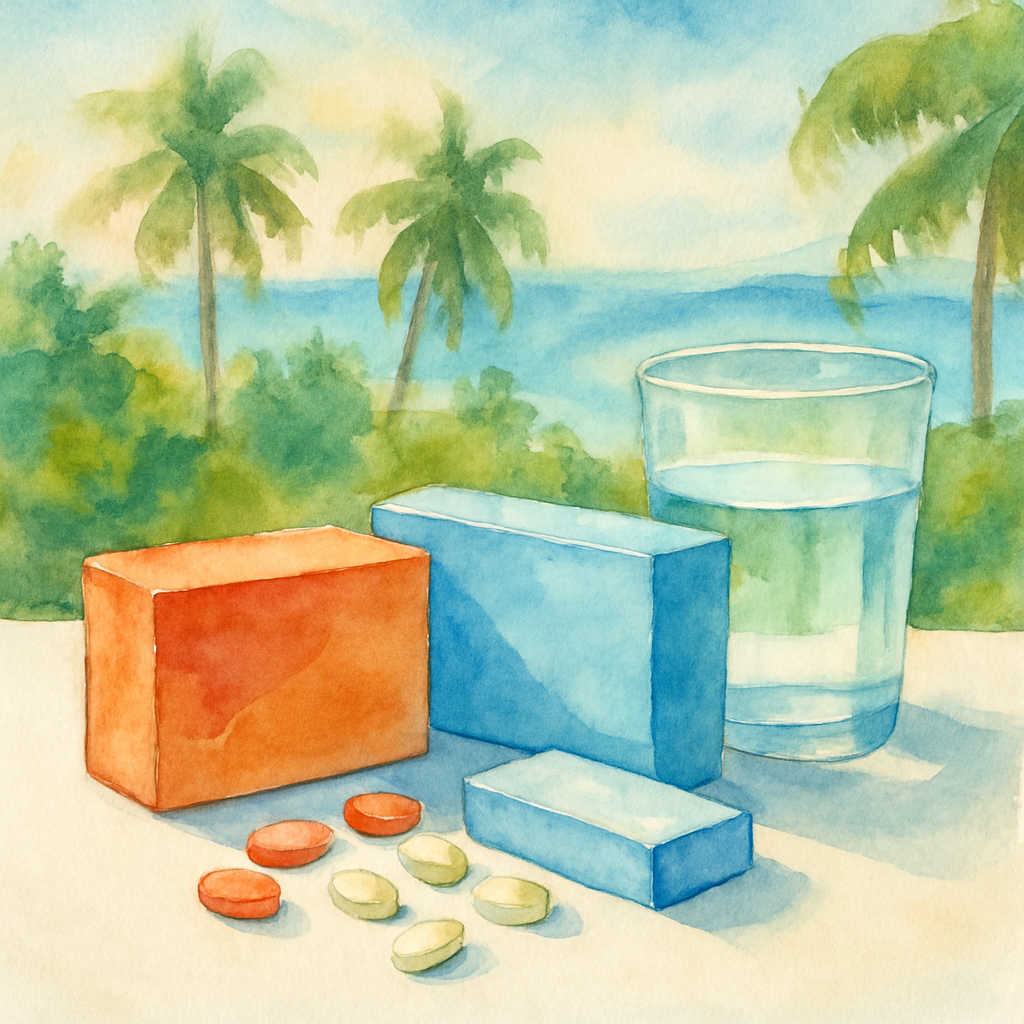 Close-up of common over-the-counter pain relief medications including ibuprofen and paracetamol boxes on a clean white surface with a glass of water nearby, bright pharmacy-style lighting