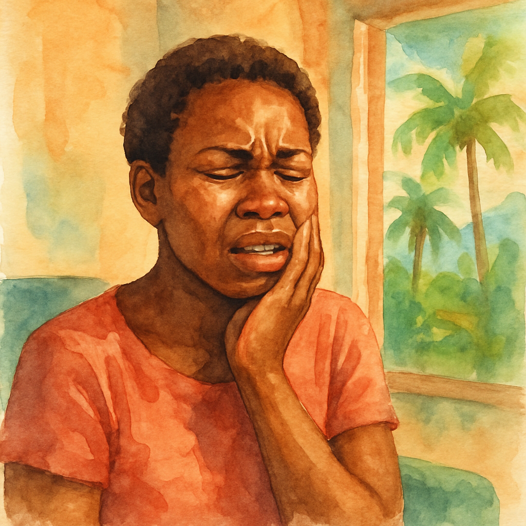 Angolan person holding jaw in pain at home, looking distressed, warm indoor lighting, suggesting dental emergency situation that requires immediate attention