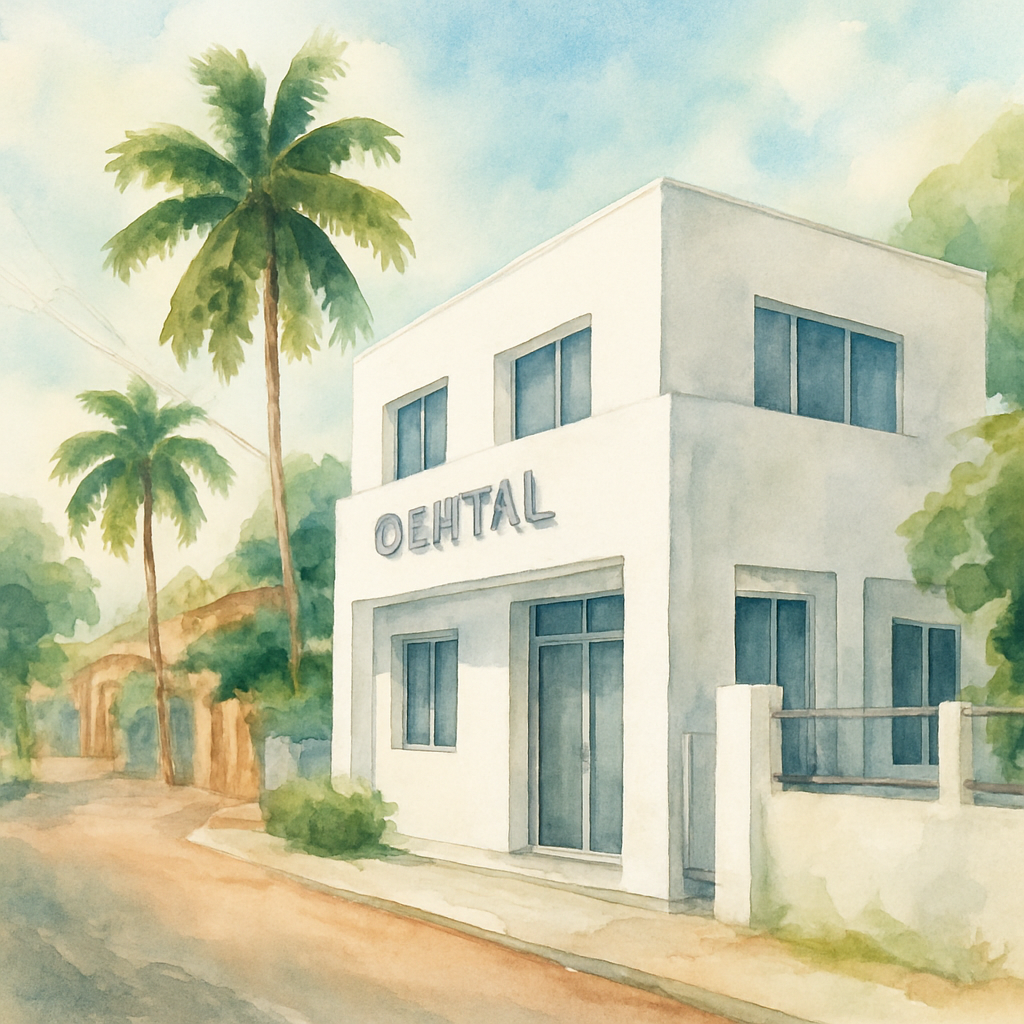 Modern dental clinic exterior in Luanda Angola, clean white building with dental clinic signage, Angolan street context, daytime, professional and accessible appearance