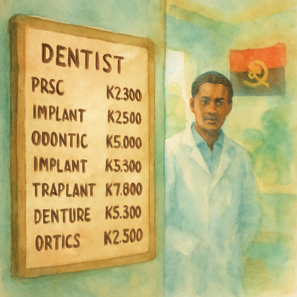 Close-up of a dental consultation price list written in Angolan kwanza on a clinic board, with a dentist in white coat visible in the background, soft clinic lighting, Angola flag subtly visible on the wall
