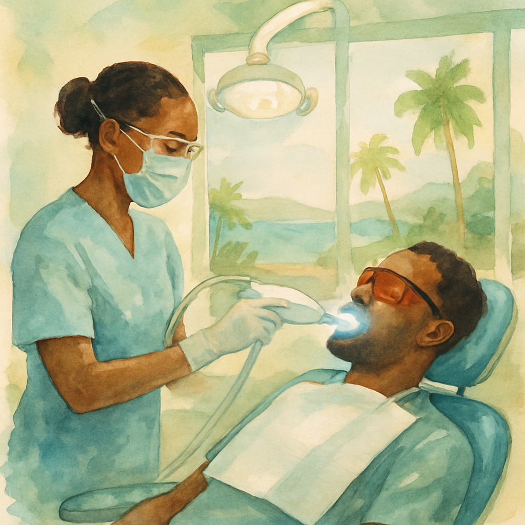 A dental professional in Luanda performing a teeth whitening procedure on a patient, modern dental chair, bright overhead light, sterile environment, patient wearing protective glasses, clean and professional setting