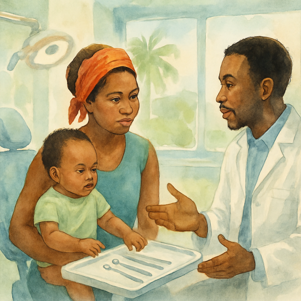 A young Angolan mother holding her toddler aged around 1-2 years old in a dental clinic in Luanda, the baby is curious looking at the dental tools, the dentist is a calm professional African man explaining something to the mother, clinic background is clean and modern