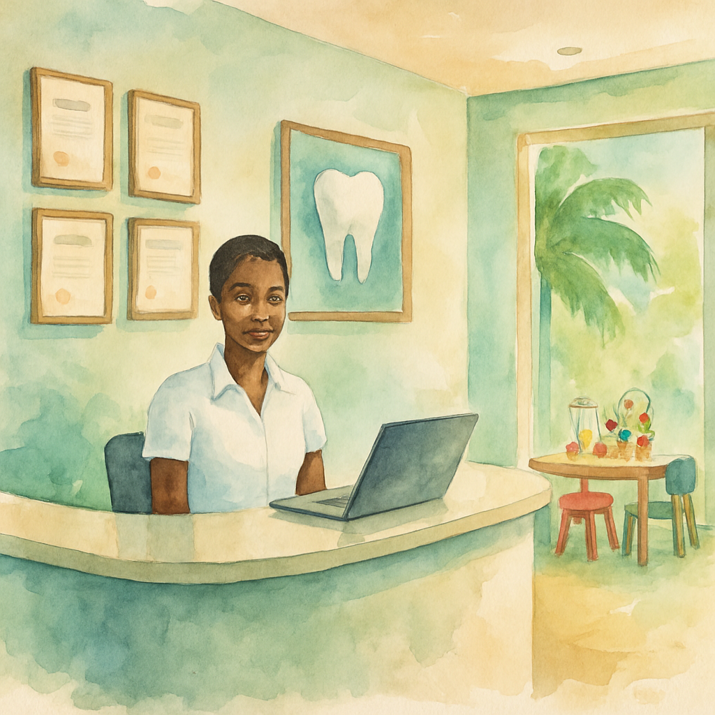 A modern and clean dental clinic reception in Luanda Angola, with a professional receptionist at the desk, certificates on the wall, bright lighting, a small play area for children visible in the background with colorful toys, welcoming atmosphere