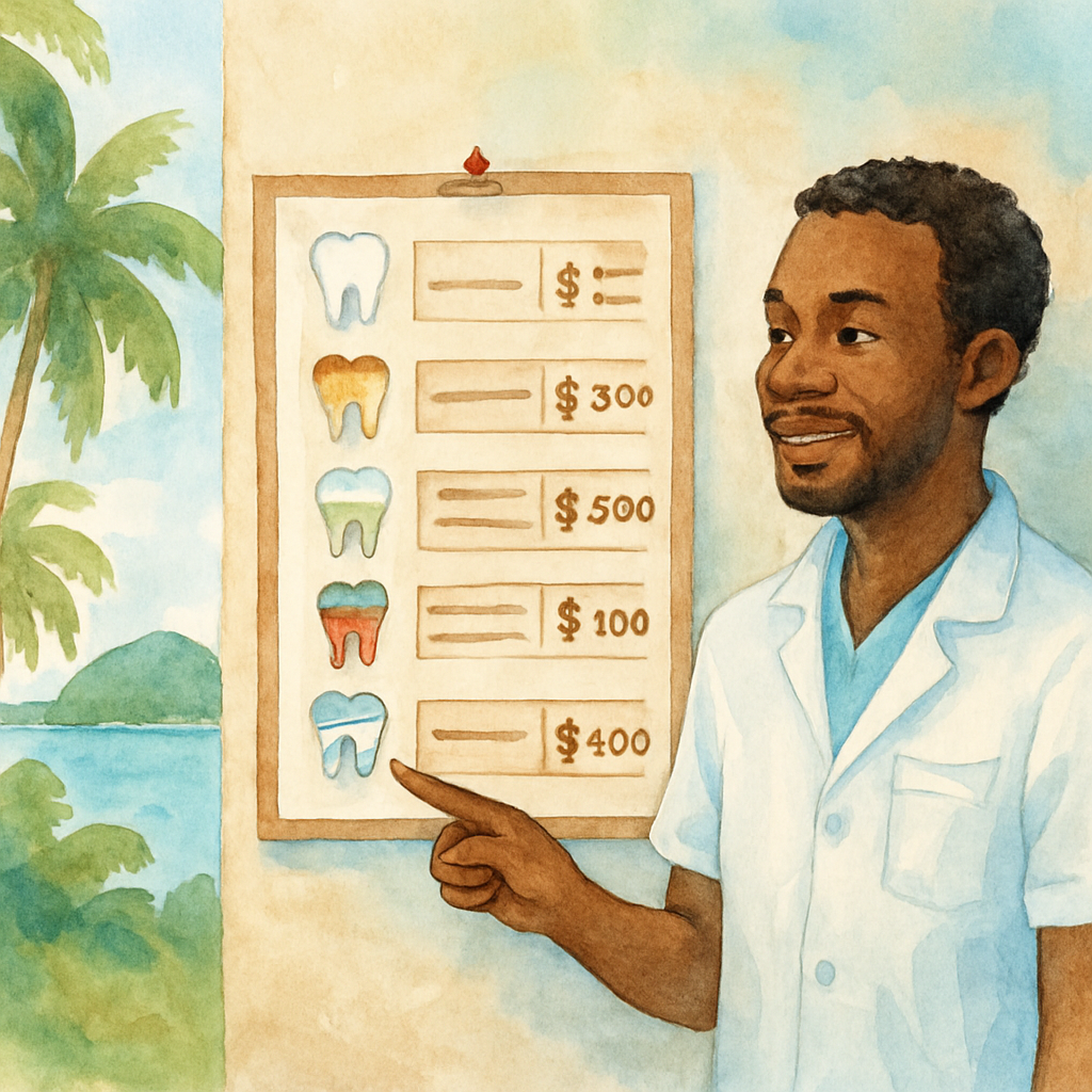 A comparison chart pinned to a dental clinic wall in Luanda showing different dental treatment prices in Angolan kwanza, with a dentist in uniform pointing to it