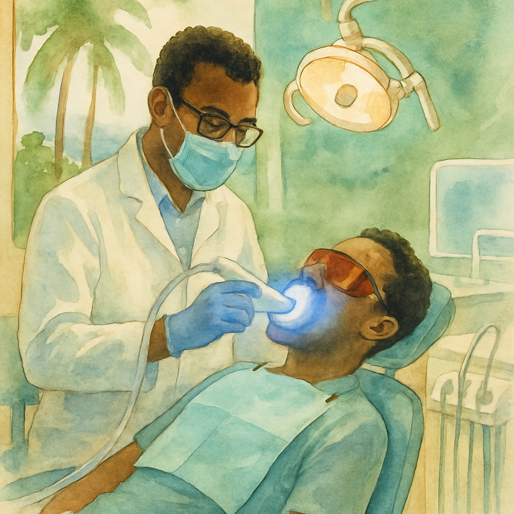 A dentist in a white coat performing a teeth whitening treatment on a patient in a modern dental chair in a Luanda clinic, with bright overhead dental lamp and professional equipment visible
