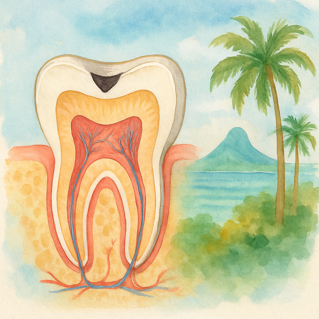 Anatomical cross-section diagram illustration of a human tooth showing pulp, enamel, cavity and nerve, rendered in clean educational style with labels, light blue and white background, medical infographic aesthetic