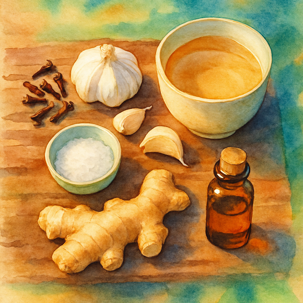 Flat lay of natural toothache home remedies on a rustic wooden surface: whole cloves, garlic cloves, a small bowl of salt, a cup of warm water, a piece of ginger root and a bottle of clove essential oil, warm golden lighting, top-down view