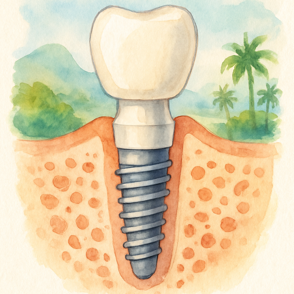 Close-up diagram illustration of a dental implant cross-section showing titanium screw in jawbone, abutment and ceramic crown, clean medical illustration style with labeled parts in Portuguese, white background