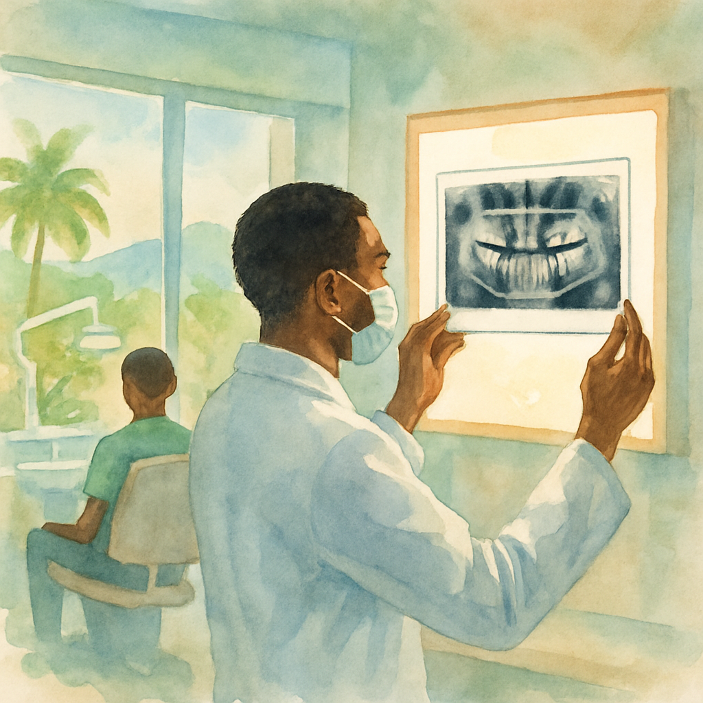 Dental professional in Luanda clinic reviewing a panoramic dental X-ray on a light box, patient seated in background, professional and clinical atmosphere, modern African healthcare setting