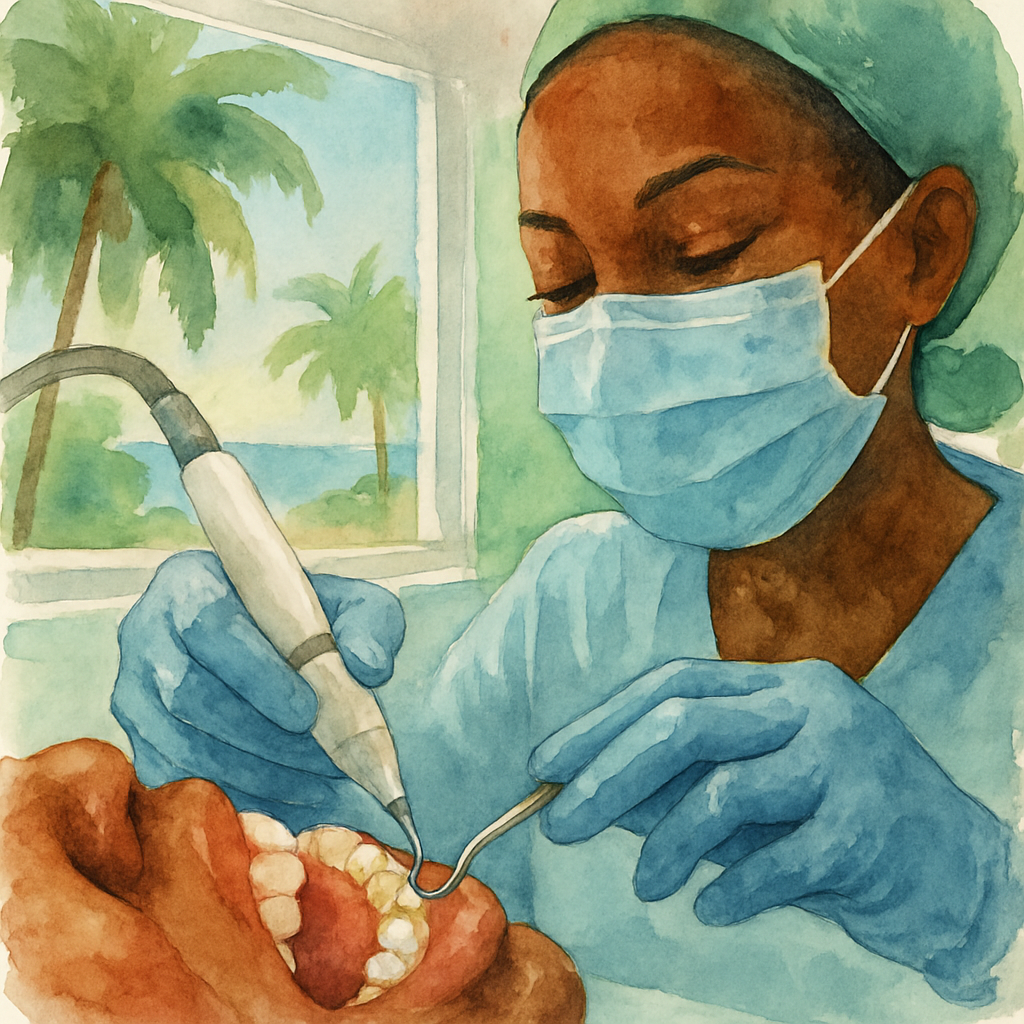 Close-up of dental hygienist using ultrasonic scaler tool to remove tartar from patient's teeth, clinical setting, magnified view, educational illustration style, bright dental office in sub-Saharan Africa