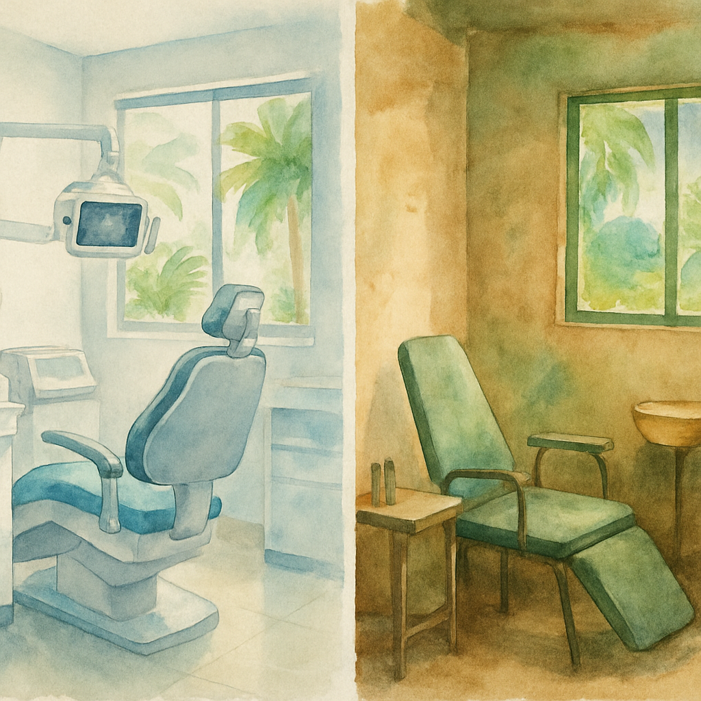 Split image comparison showing two dental clinics in Luanda Angola, one modern and well-equipped with digital X-ray machines and clean interiors, one more basic but still functional, side by side for comparison purposes