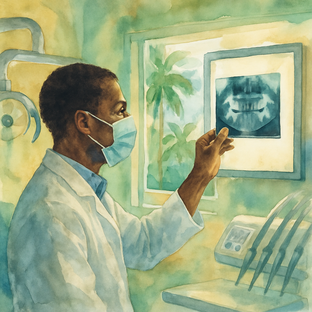 Close-up of a dentist examining patient X-ray on a lightbox in a professional Angolan clinic, modern dental equipment visible, focus on expertise and trust
