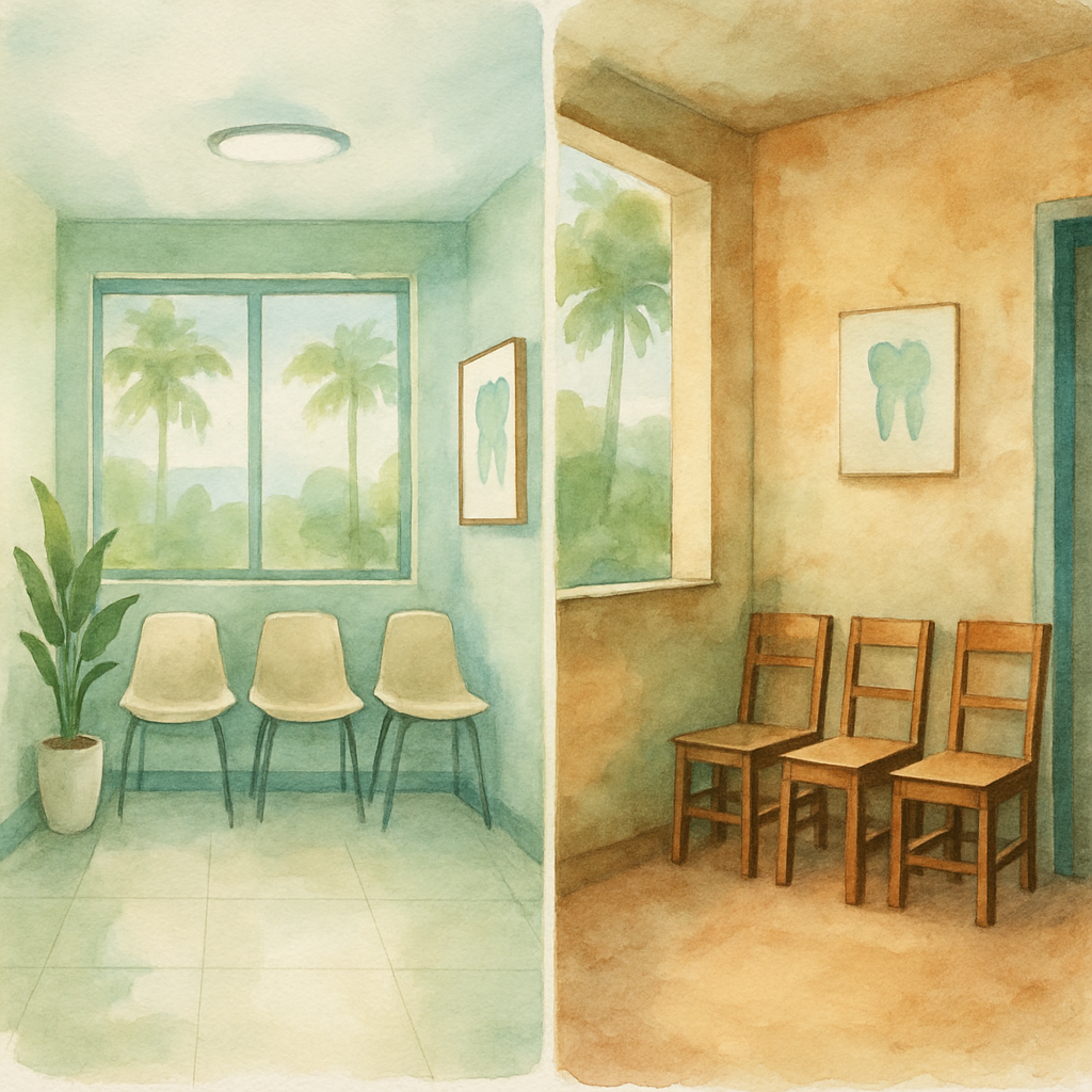 Split comparison image showing two dental clinic waiting rooms in Angola, one with modern clean design and the other more basic, visual contrast to help patient decision-making