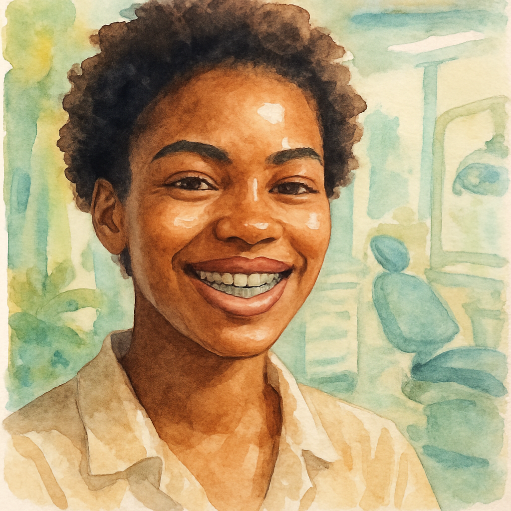 Close-up of a young Angolan woman smiling with metal dental braces, warm natural light, healthy and confident expression, dental clinic background slightly blurred