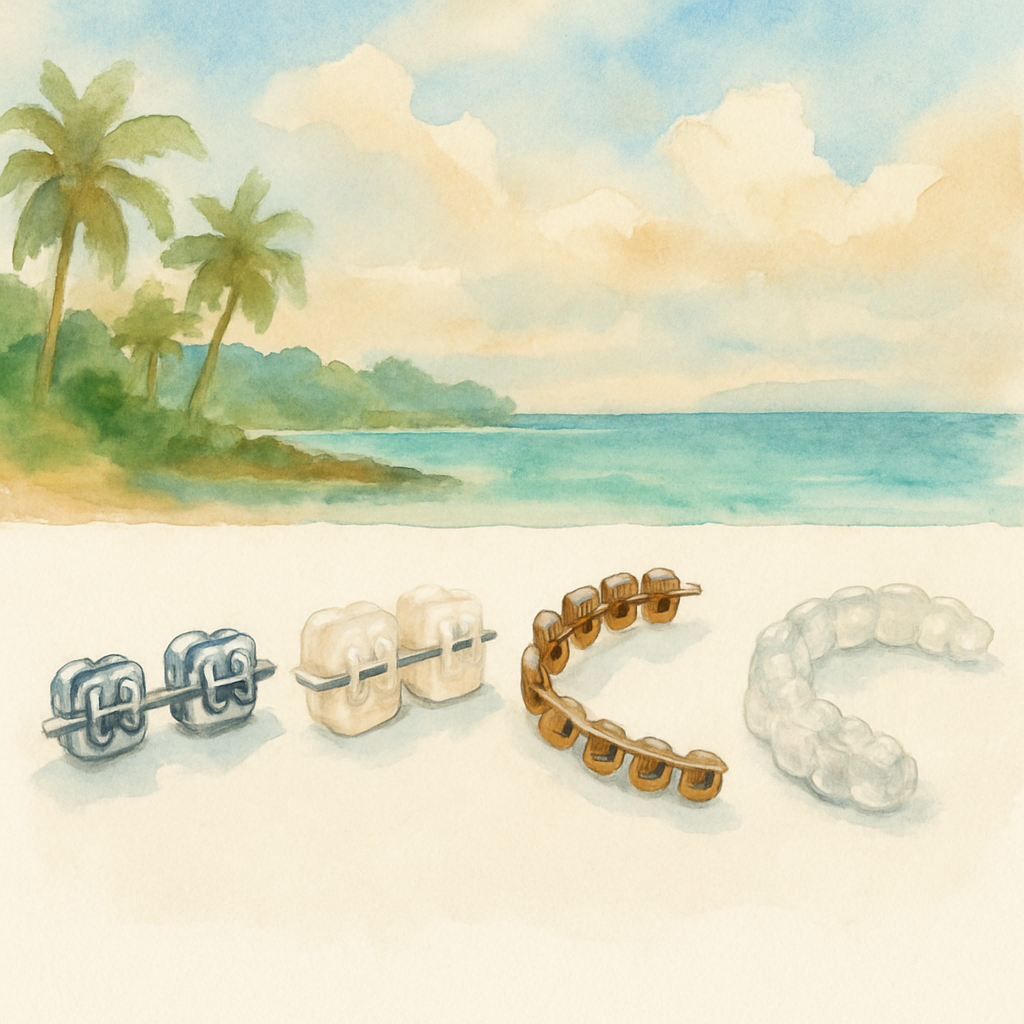 Side-by-side display of four types of dental braces on a white surface — metal brackets, ceramic brackets, lingual braces, and transparent aligners — professional product-style photography with soft lighting