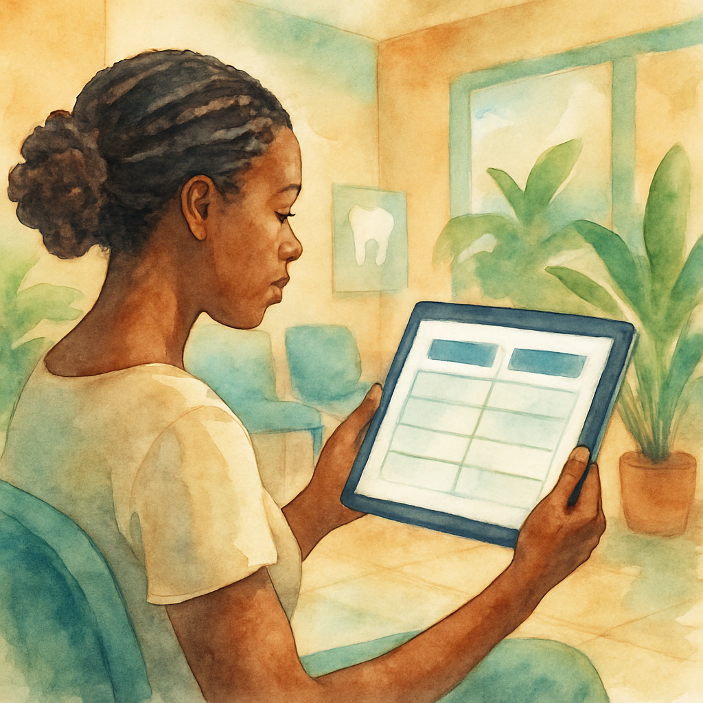 A comparison table shown on a tablet screen held by an Angolan woman in a dental waiting room in Luanda, modern clinic interior with beige walls, soft lighting and plants