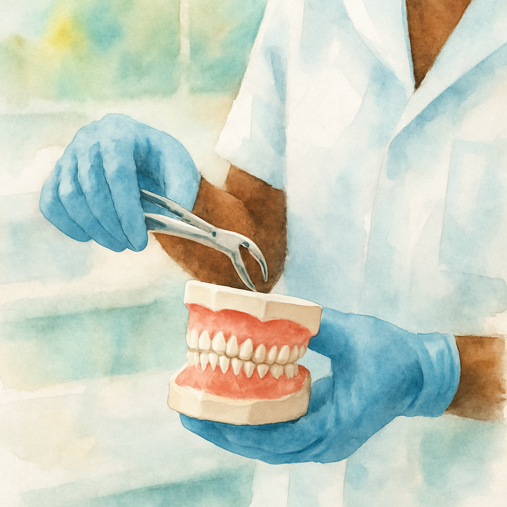 Close-up of a dentist's gloved hands holding dental forceps near a dental model showing teeth, clean clinical setting, professional lighting, Angolan dental clinic context