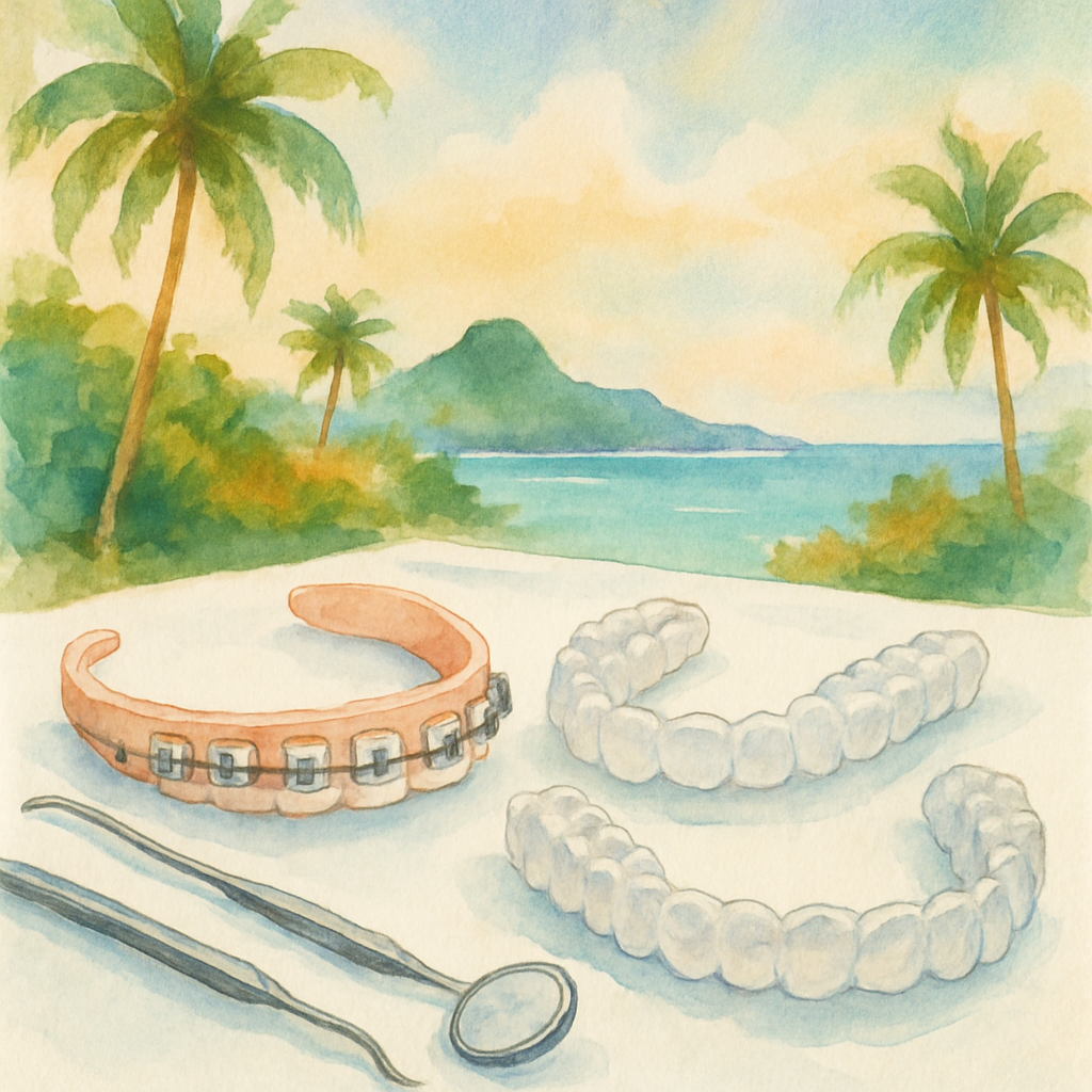 Display of three types of dental braces side by side on a white surface: traditional metal braces, ceramic braces, and clear aligner trays, with dental tools nearby in a clean clinical setting