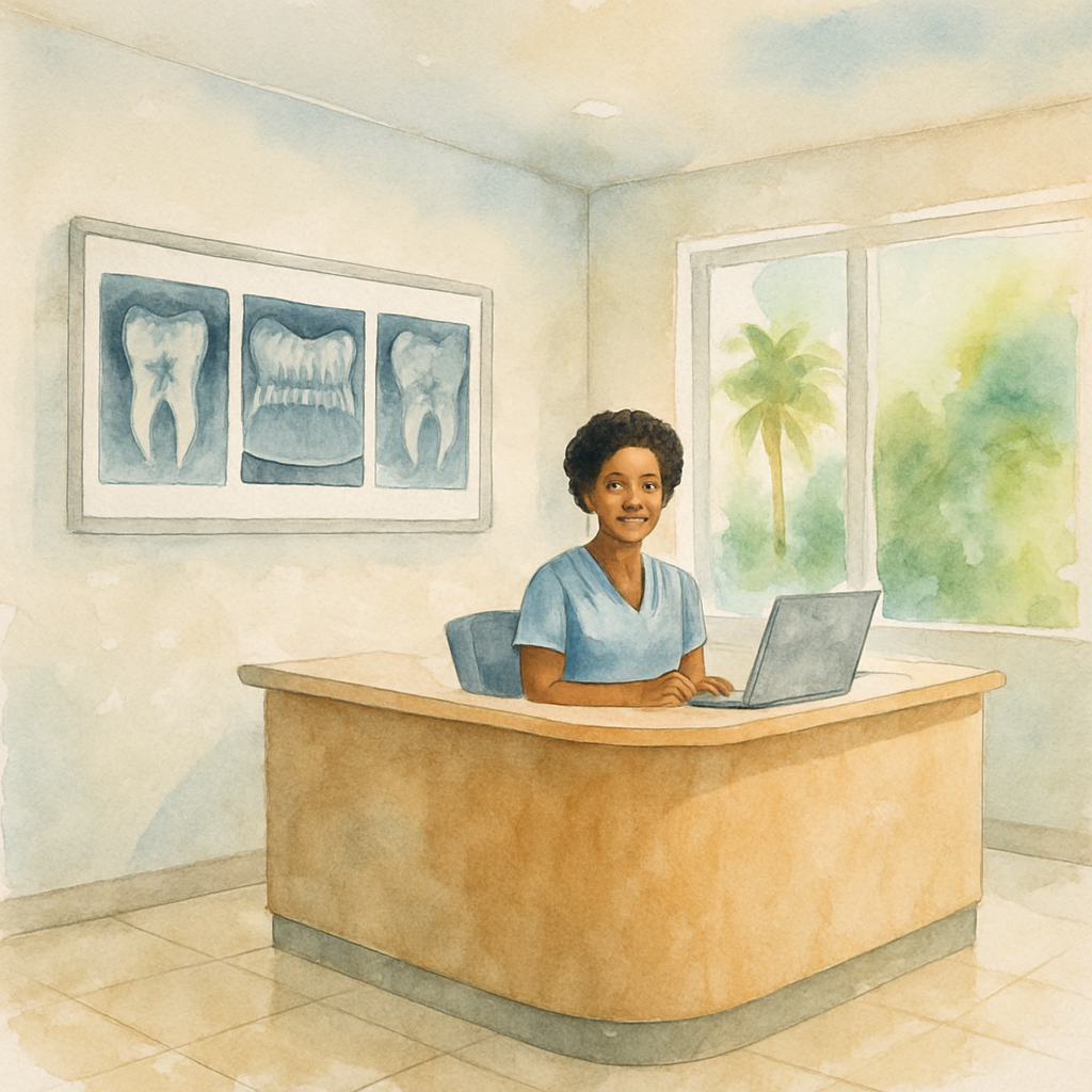 Modern dental clinic reception area in Luanda, Angola, with clean white walls, dental x-rays displayed on a lightbox, Angolan receptionist at front desk, bright natural light from windows