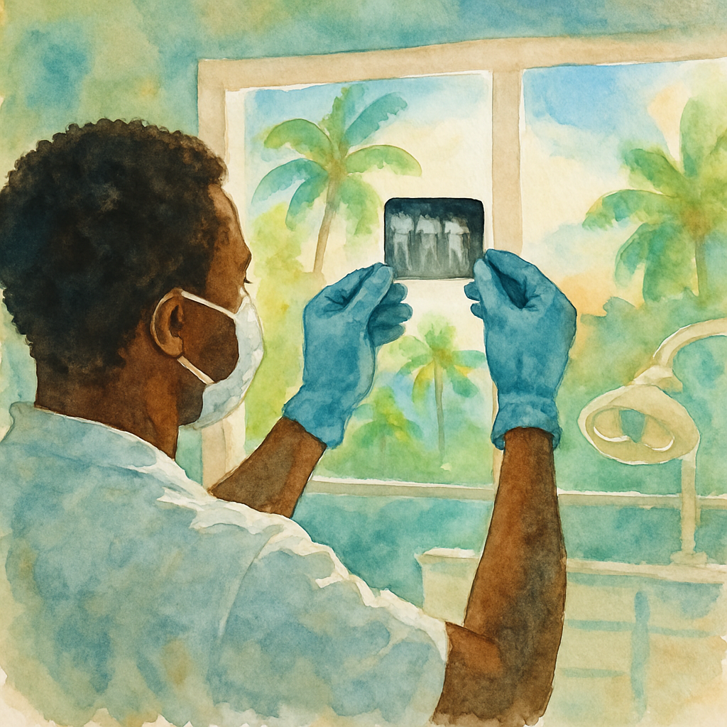 Close-up of a dentist in gloves holding a small dental X-ray film up to a light source, examining tooth structure details in a clean dental office in Africa