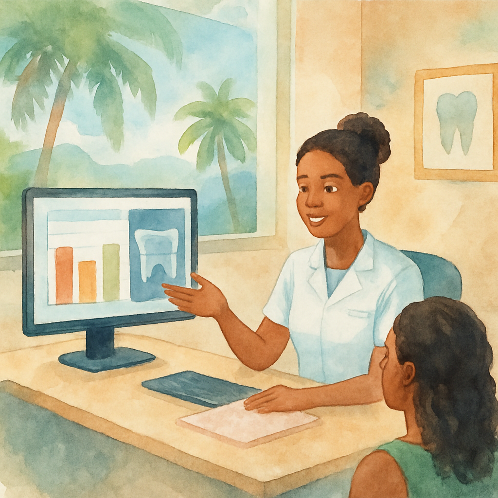 A price comparison chart on a computer screen in a modern Angolan dental clinic, with a receptionist explaining dental X-ray costs to a patient sitting across the desk