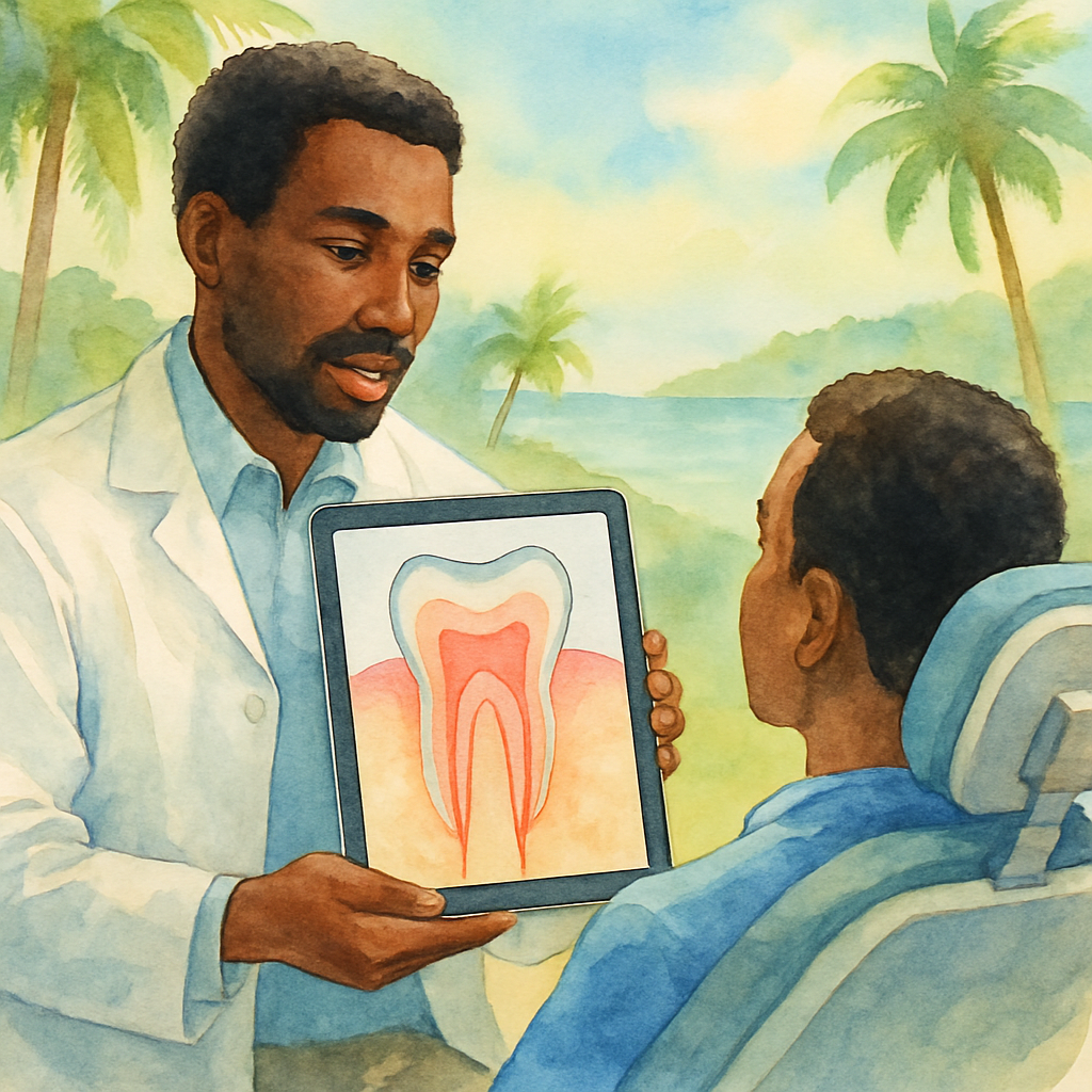 Close-up anatomical diagram of a tooth cross-section showing the pulp chamber and root canals, displayed on a tablet held by an Angolan dentist explaining to a patient in a dental chair