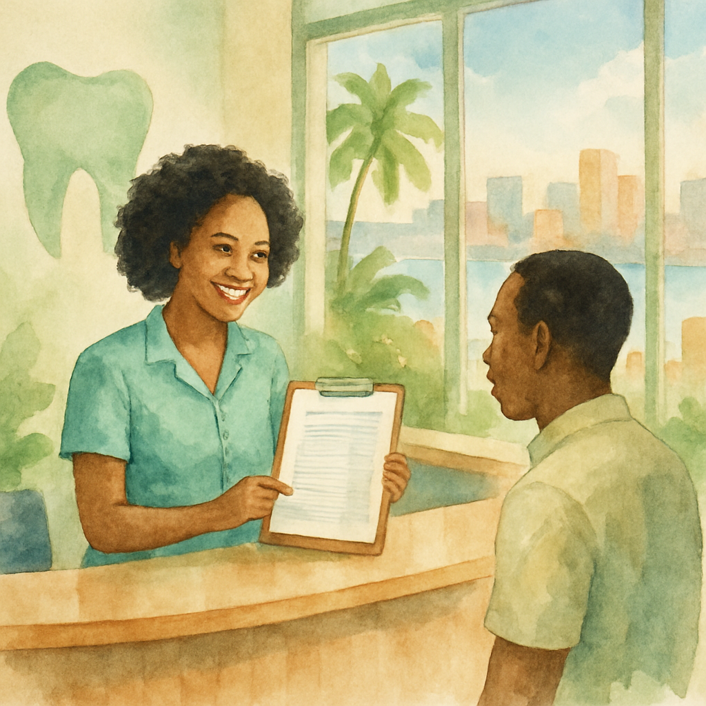 A reception desk in a modern Angolan dental clinic, a friendly receptionist showing a patient a printed price list on a clipboard, natural light coming through windows with Luanda cityscape in the background