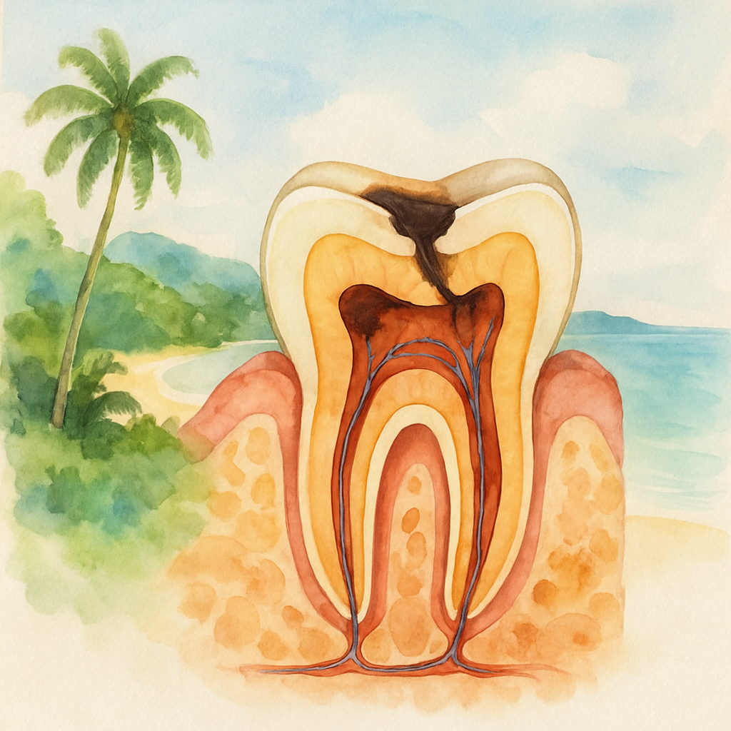 Illustrated cross-section diagram of a tooth showing stages of cavity development from enamel decay to pulp infection, with labels in a clean medical infographic style set against a white background