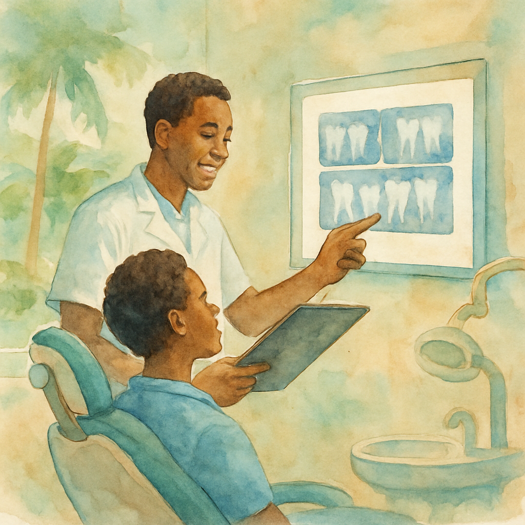 A friendly Angolan dentist reviewing dental X-ray images with a patient seated in a dental chair in a clean, well-lit clinic, both looking at a light board showing tooth radiographs